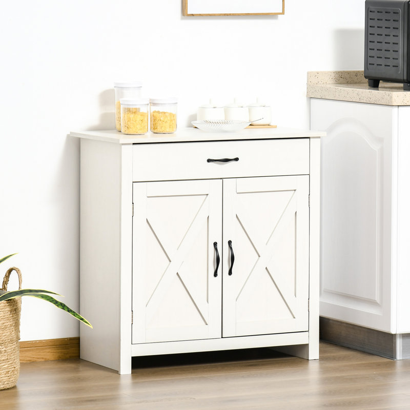 Armoire d'appoint blanche avec porte de grange pour cuisine, l 32 po, amplement d'ustensiles de rangement avec style, cuisine et salon