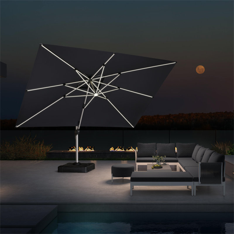 Sarith 10' X 13' Patio Umbrella Outdoor Rectangle Umbrella Large Cantilever Umbrella，with Solar Lights，with Base, Gray