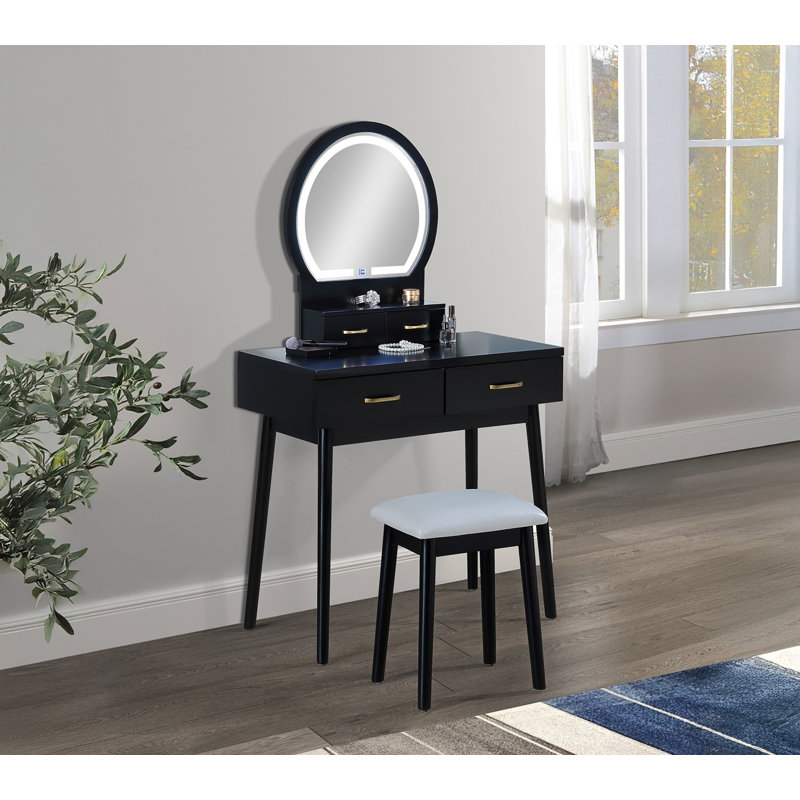 3Pc Vanity Table And Stool Set Built-In Led-Lit Mirror Matching Cushioned Stool Gold-Accented Handles Wooden Home Furniture