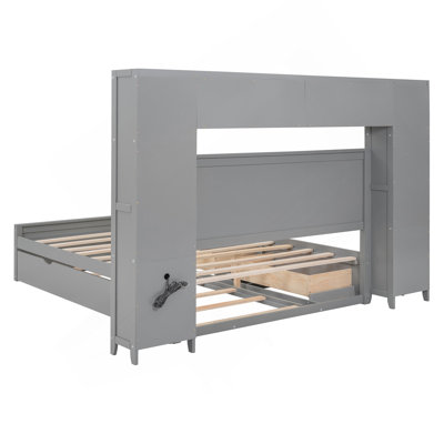 Grand lit en bois avec armoire tout-en-un, tablette et prises, gigogne simple TG, gris