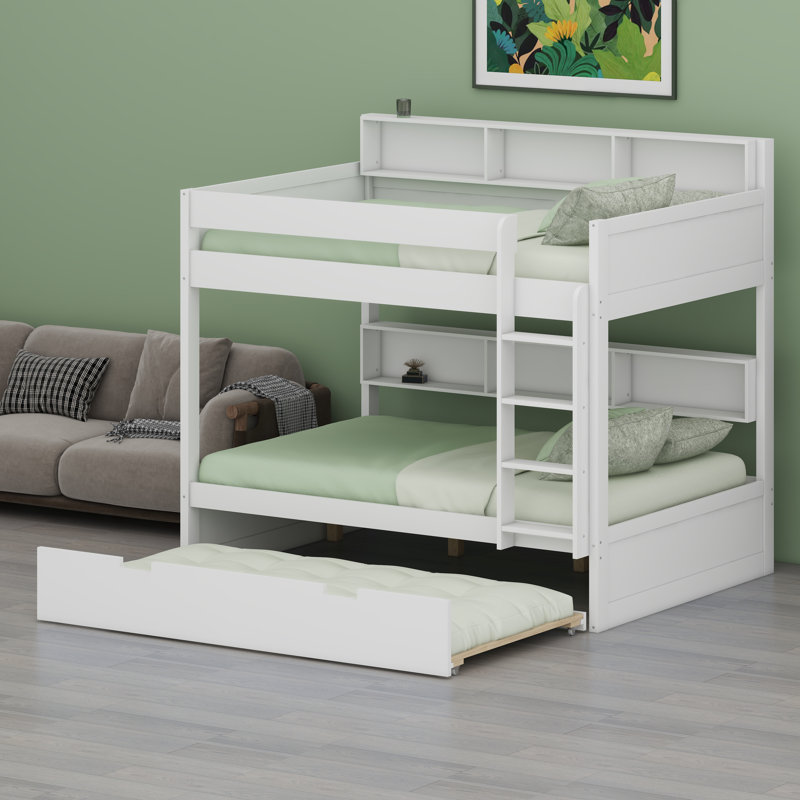 Multi-functional Bunk Bed Frame with Integrated Pull-Out Trundle, White