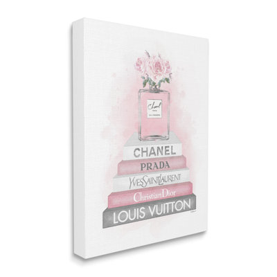Pink Roses Perfume Bottle Glam Fashion Bookstack Oversized Stretched Canvas Wall Art by Amanda Greenwood