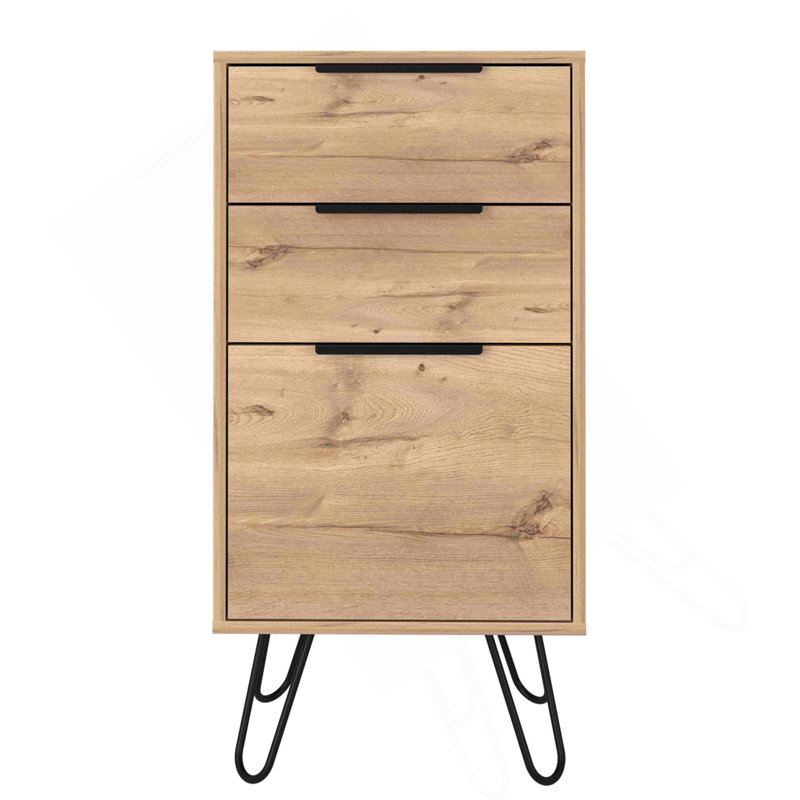 Commode légère Augusta, pieds en épingle à cheveux, plateau supérieur, trois tiroirs - chêne clair