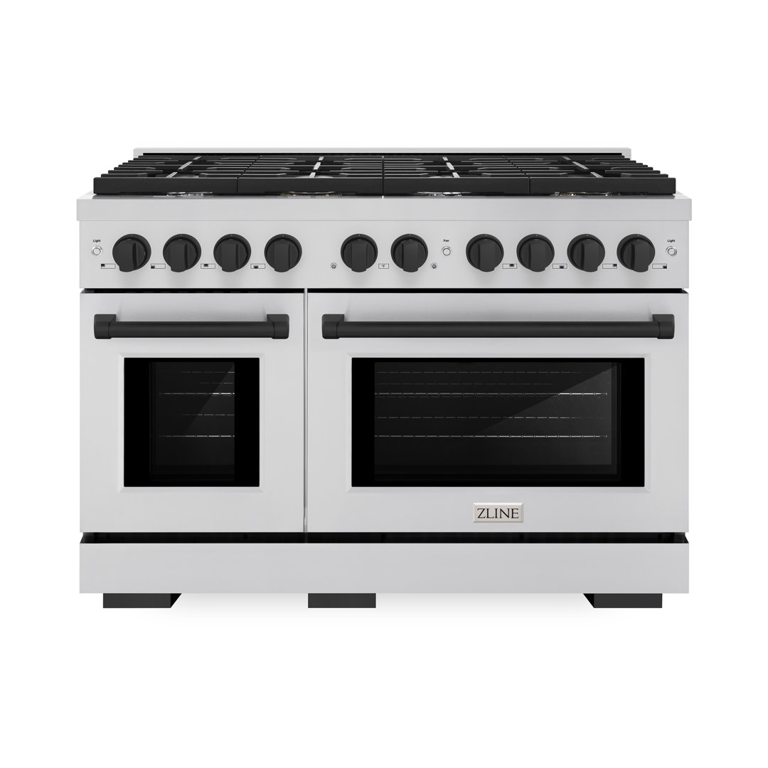 ZLINE Autograph Edition 48 in. 6.7 cu. ft. Paramount Double Oven Dual Fuel Range W/ 8 Burner Gas Cooktop in Stainless Steel & Matte Black Accents (SDRZ-48-MB) ZLINE