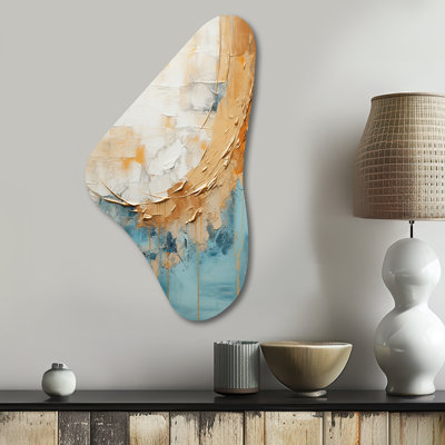 «Gold» et peinture bleue Fusion I - peinture abstraite en forme de Boomerang en métal asymétrique