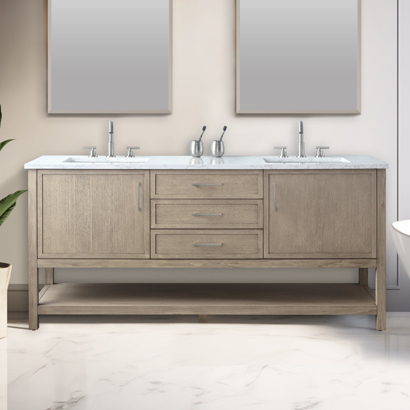Meuble-lavabo double 72 po avec plateau en pierre reconstituée Stratford, Gris rétro