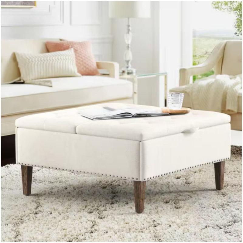 36 In. W White/double Open Door fabric Square Coffee Table Storage Ottoman