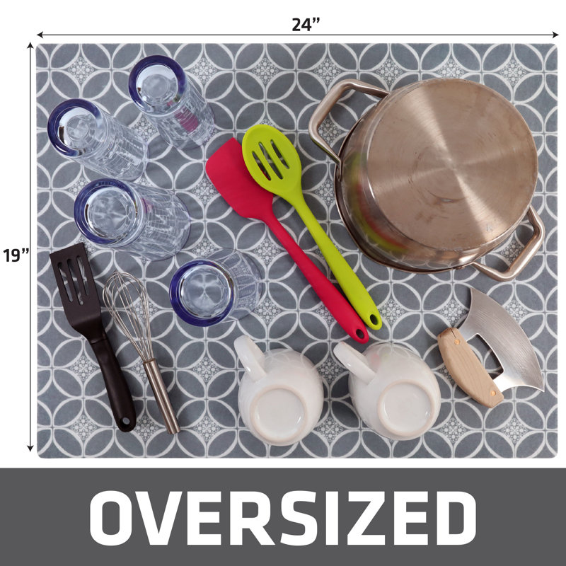 XL Dish Drying Mat, Kitchen Counter Drip Pad - Absorbent, Waterproof, Slip-Resistant, Machine Washable (19" x 24") (Indigo Grey) (USA Made)