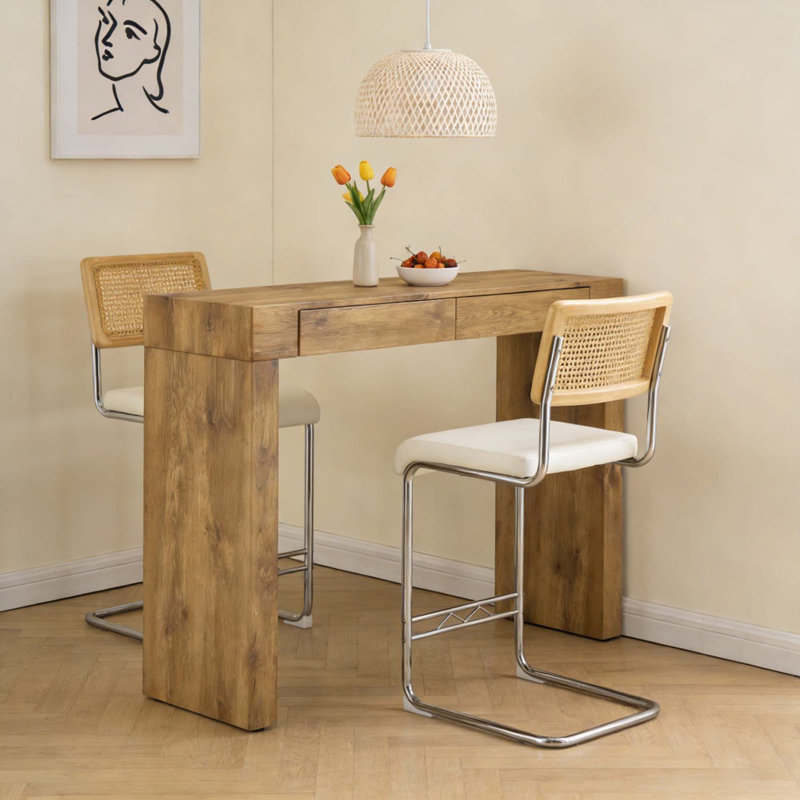 Ensemble de bar de cuisine 3 pièces, table de bar à grain de bois avec 2 tabourets de bar rembourrés à structure métallique