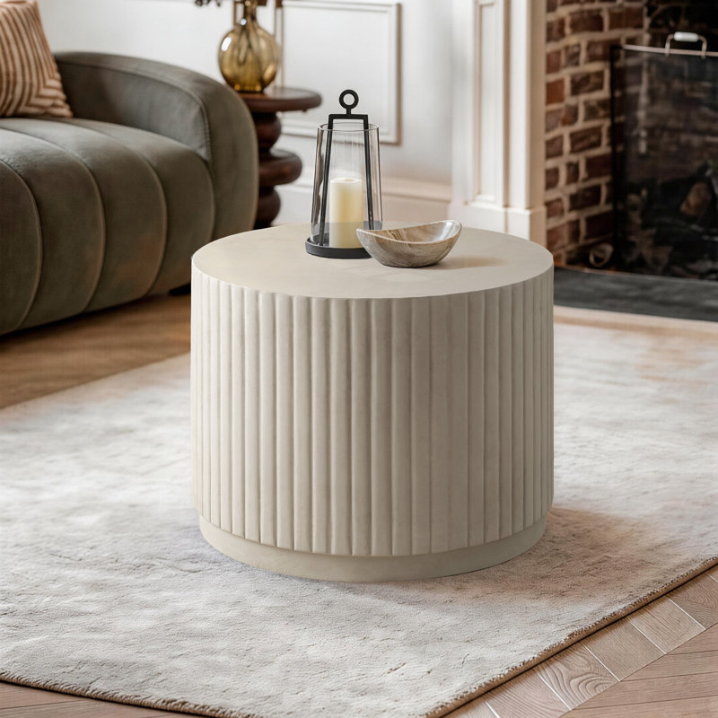 Albert Round Fluted Coffee Table, Modern Concrete Drum Table Suit For Outdoor, White