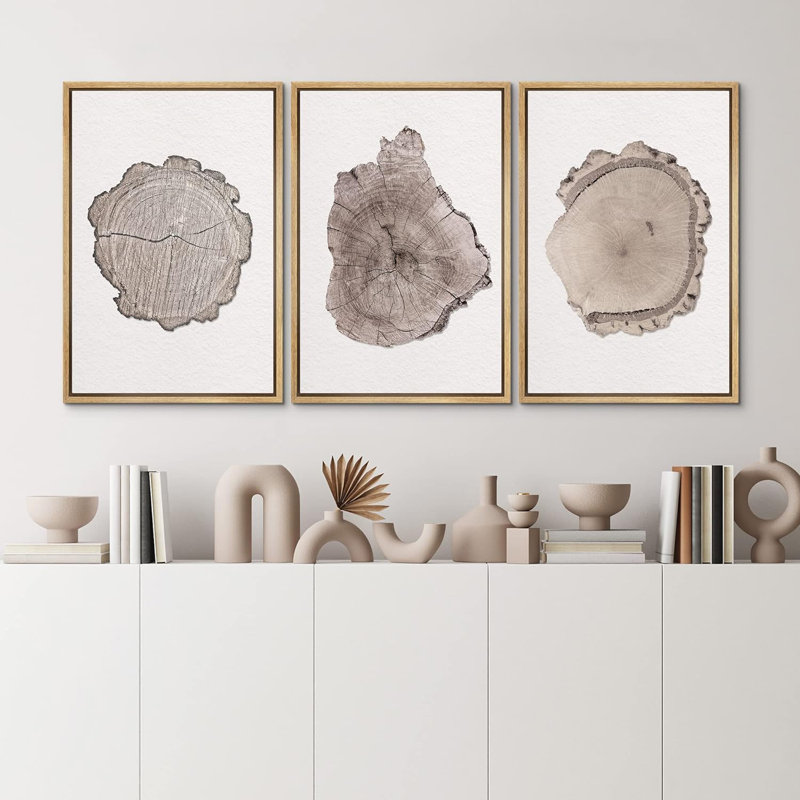 Anneau d'arbre, texture de bois brun, gros plan, décor neutre encadré sur toile, 3 pièces, art mural, Naturel
