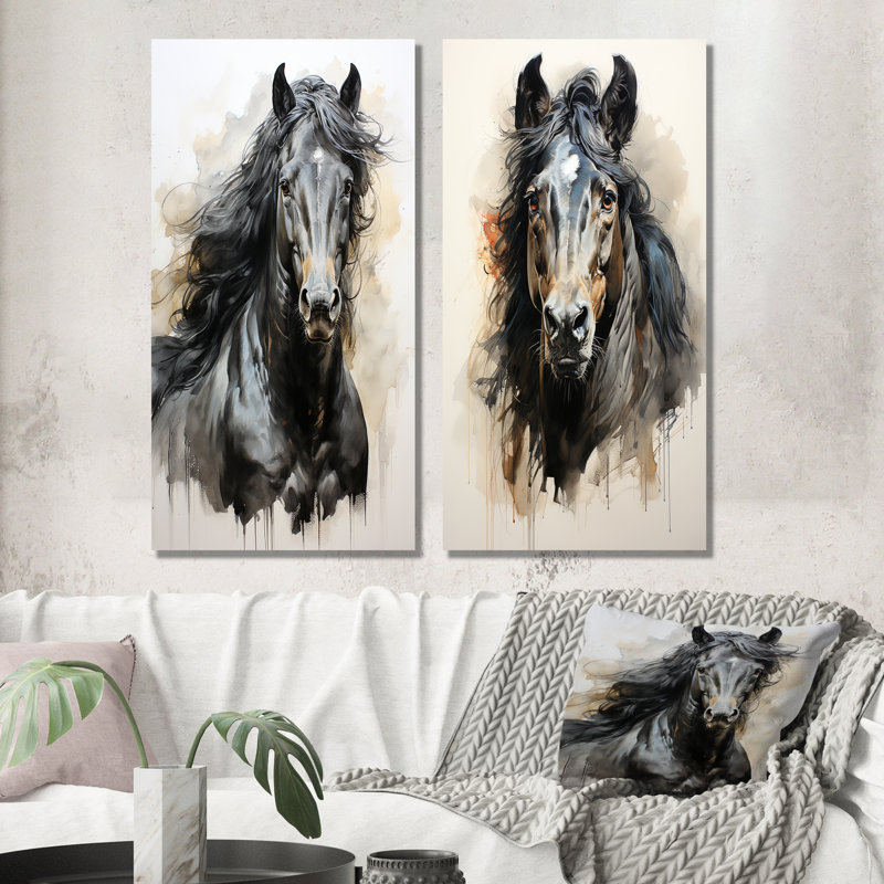 «Minimalist Black Horse Beauty I», ensemble de 2 décorations murales cheval en métal, H 28 po x l 24 po