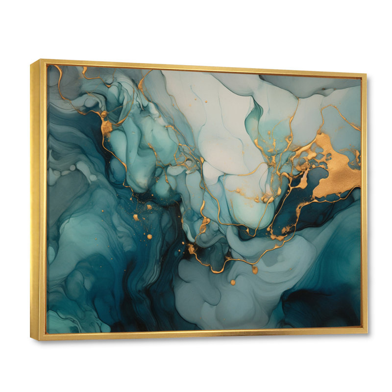 " Turquoise Gold Infused Marble I ", Gold Floater Framed, 30" H x 40" W x 1.5" D