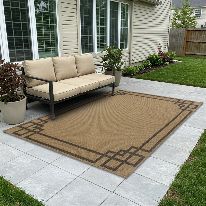 Geometric Border Weave Indoor Outdoor Rug, Lightweight & Portable 5x7 ft Patio Area Rug