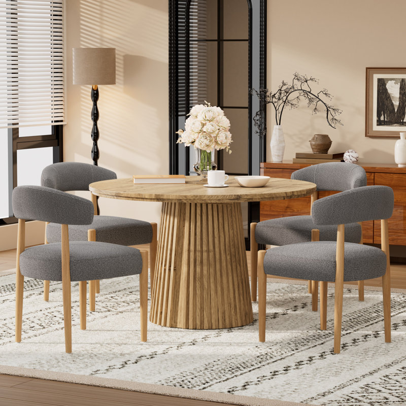 Ensemble de salle à manger extensible en bois avec 4 à 6 chaises rembourrées en tissu bouclé, table ovale ou ronde convertible