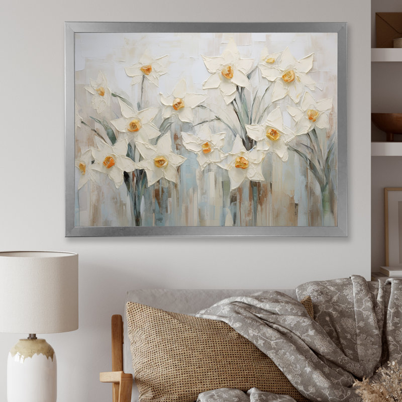 Minimalisme - jonquilles blanches II - impression, Cadre simple argenté, H 12 po x l 20 po x P 1 po