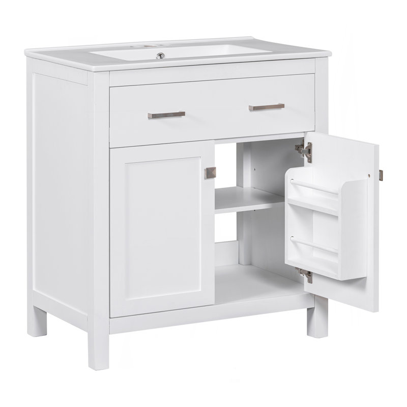 Ensemble de meuble-lavabo moderne 60 po blanc avec lavabos doubles (séparés), lavabos doubles en céramique, tablette réglable, portes à fermeture en douceur et tiroir rabattable - Solution de salle de bain moderne pour salles de bain spacieuses