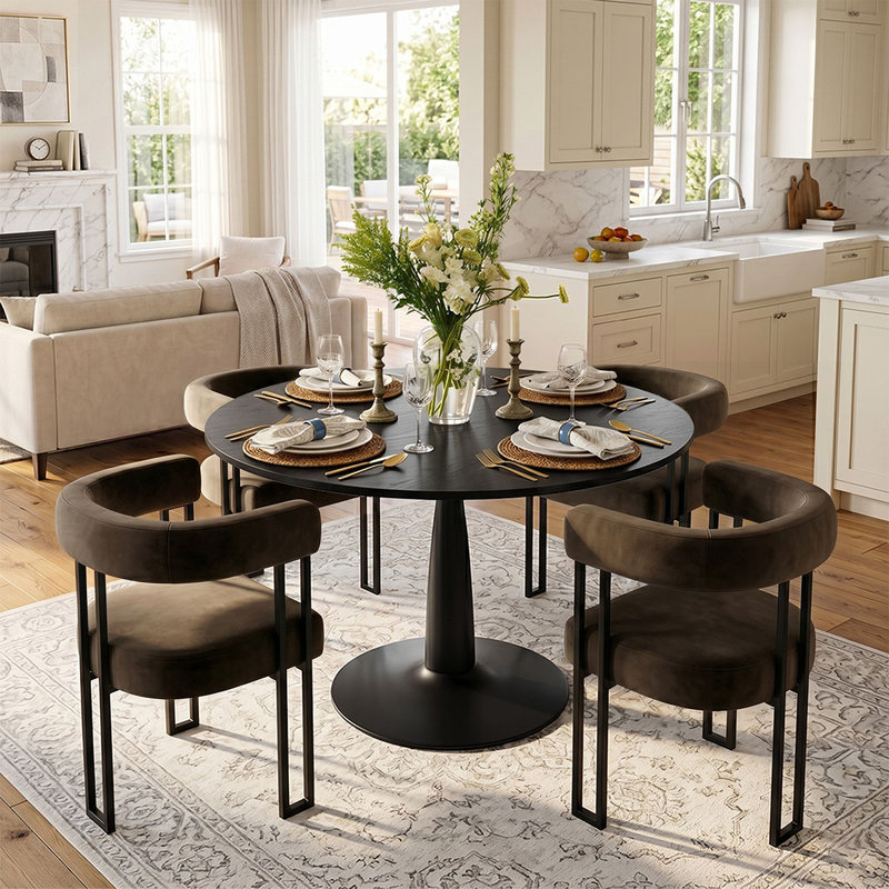 4 - Person Dining Table Sets With Round Table & 4 Upholstered Velvet Chairs, Mink