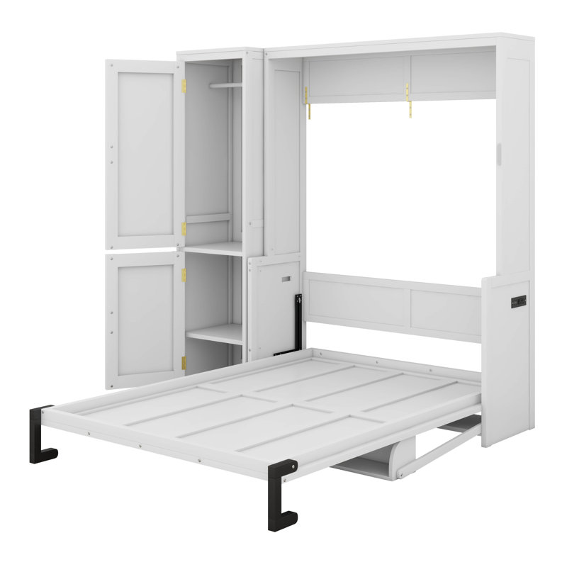 Grand lit escamotable avec garde-robe et bureau, armoire murale pliable en bois avec vérins à gaz, station de charge