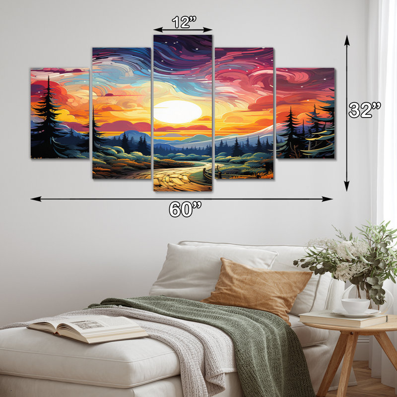 Art mural sur toile mauve, Northern Lights Road To Infinity I - 5 panneaux
