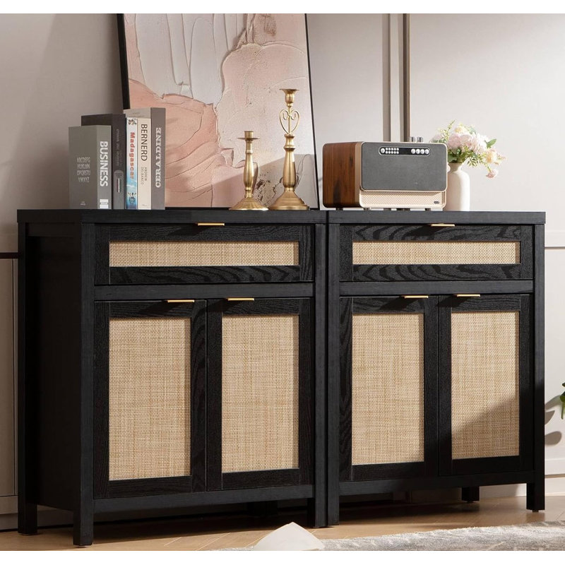 The Sideboard Buffet Storage Cabinet Set of 2, Rattan Credenza Buffet Table, Black/Oak