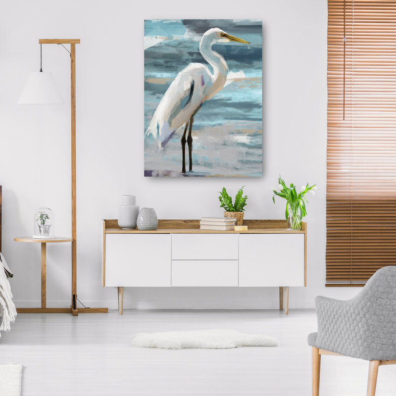 Sunday Egret White and Gray Canvas Art Print 14" x 11"