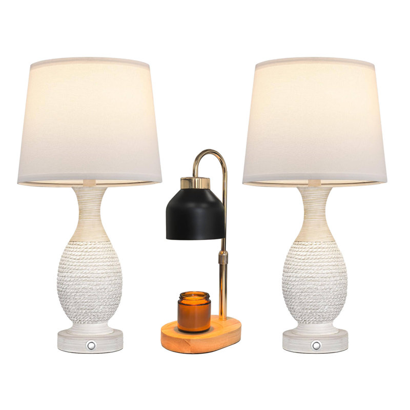 Farmhouse Table Lamps Set of 2 with USB C+A, 3-Way Dimmable Touch Lamps and 1PCS Candle Warmer Lamp