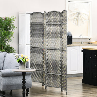 Paravent de 6 pi de hauteur, paravent 4 panneaux. Cloison en bois autoportante tissée à la main en gris mélangé. Pour la maison, le bureau, la chambre à coucher. Pliable, léger,. Aucun assemblage requis