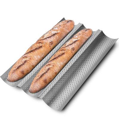 Nonstick Baguette Pans for French Bread Baking, Perforated 2 Loaves Baguettes Bakery Tray, 15" x 6.3", Champagne