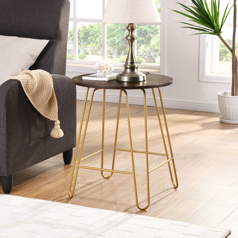 Modern Brown 20" x 25" Side Table with Durable Acacia Wood and Iron Frame, Gold