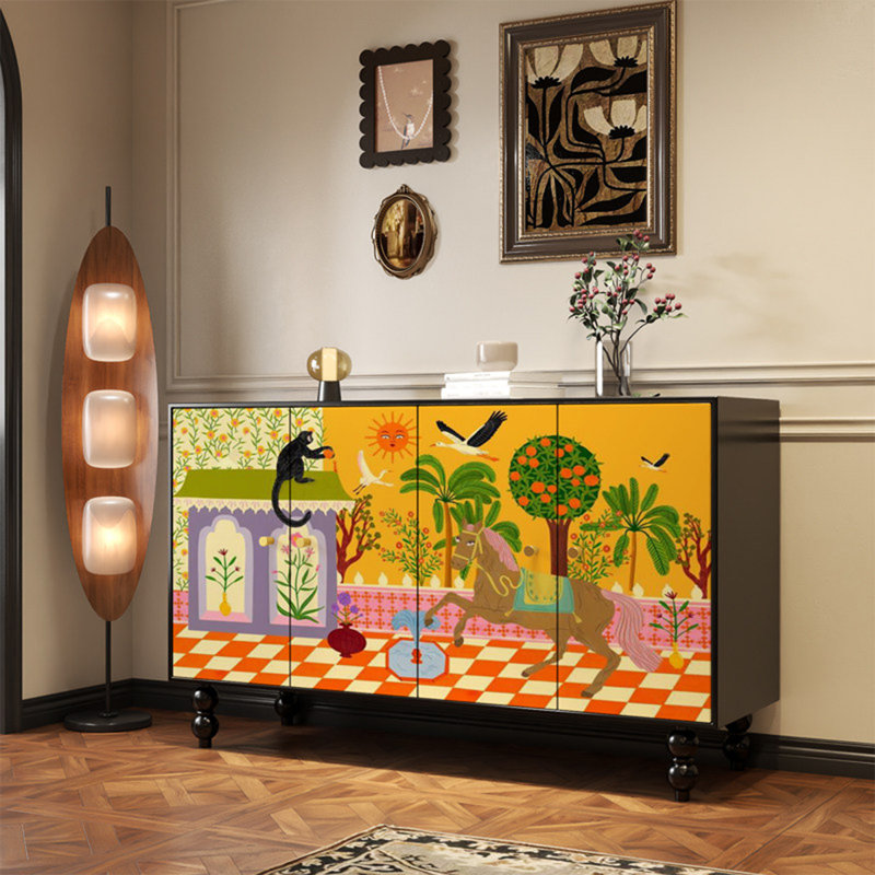 Armoire d'appoint moderne en bois massif noir, 59.06, Black+Yellow