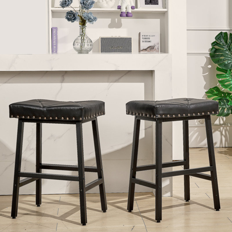 Set of 2 Backless Saddle Counter Height Bar Stools with Faux Leather Seat, Nailhead Trim & Tufted Upholstered for Kitchen Island, Home Bar