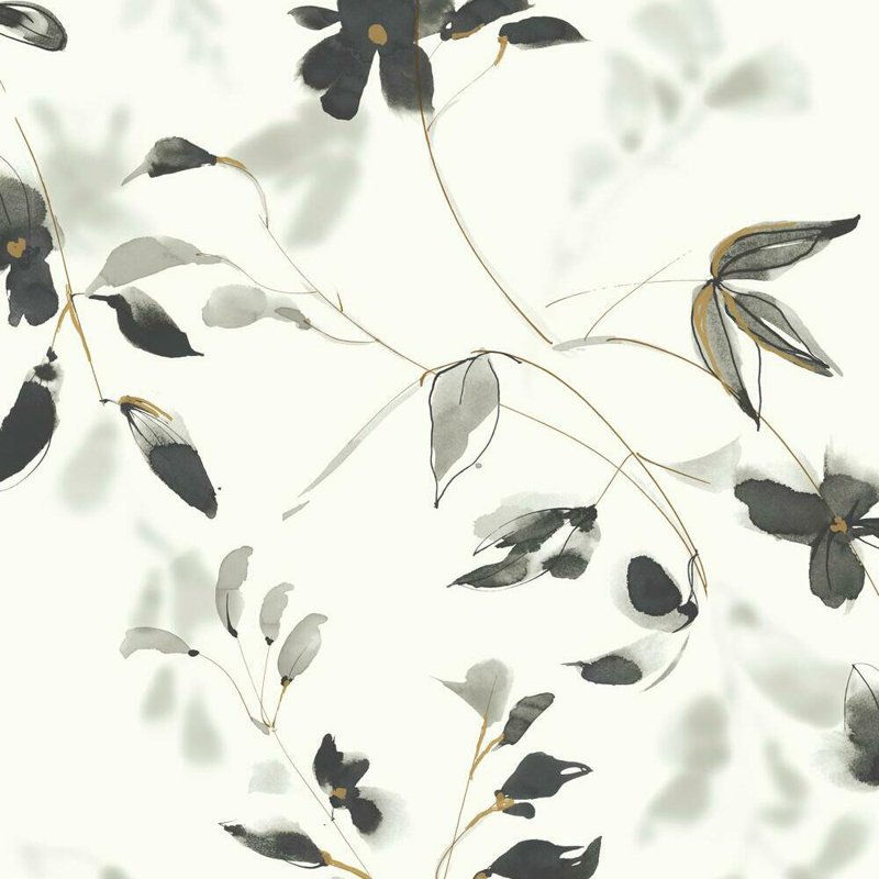 Floral Peel & Stick Wallpaper Roll, White/Black/Gold