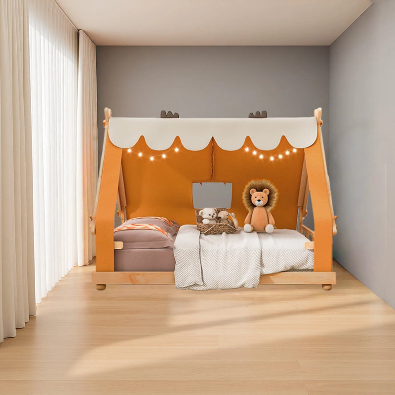 Lit maison avec tente et lumière, Lit double, Brun