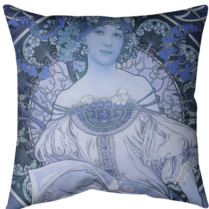 Housse de coussin Alphonse Mucha, 16 po x 1 po, Bleu, Sergé de coton