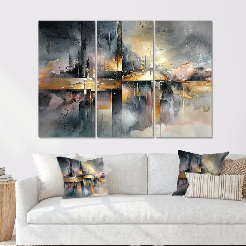«Geometric Ink Pulse II - Constructivism», art mural - ensemble de 3, H 28 po x l 36 po, Toile tendue, Ne s’applique pas