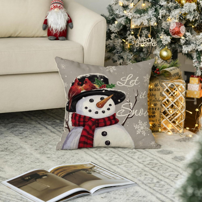 Housse de coussin Let It Snow Snowman Christmas, H 18 po x l 18 po, Gris, Carré
