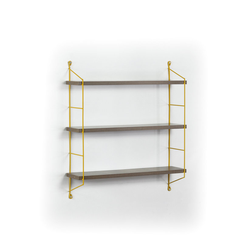 3-Wide Wall Shelf In Walnut And Bright Yellow - Ideal For Decorating Kitchens Or Offices, Airy, 3 Shelving, Walnut, Side Supports, Organizing Decorative Items, , Stable