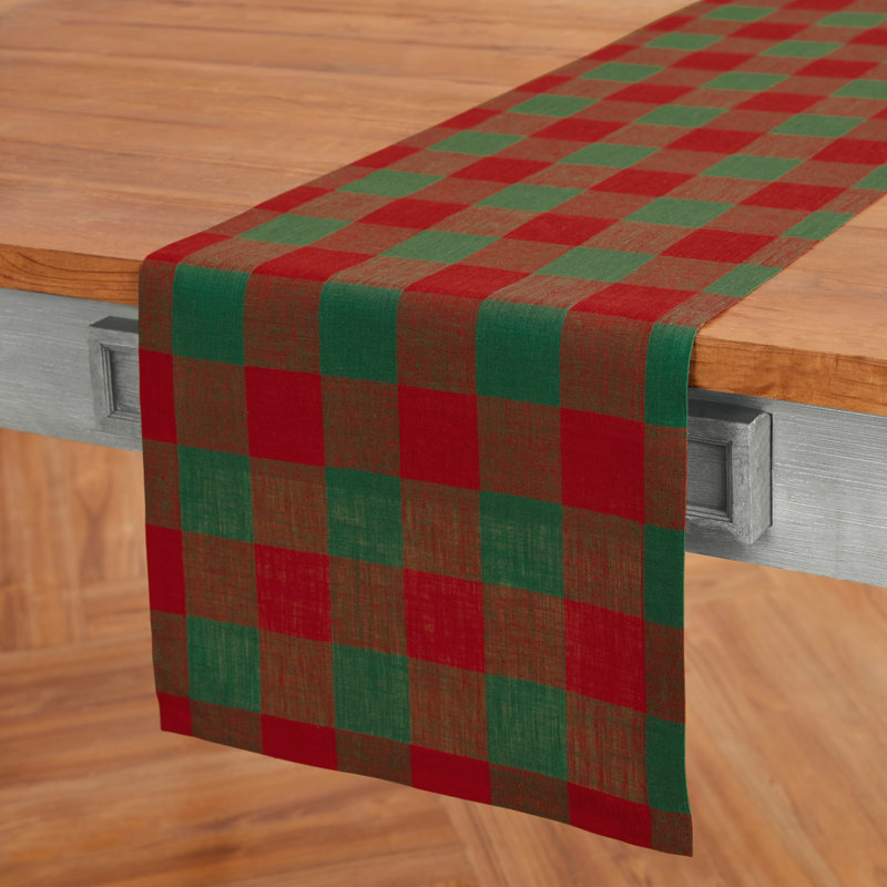 Buffalo Check - 100% Pure Linen Table Runner, Red/Green, 144" x 14"