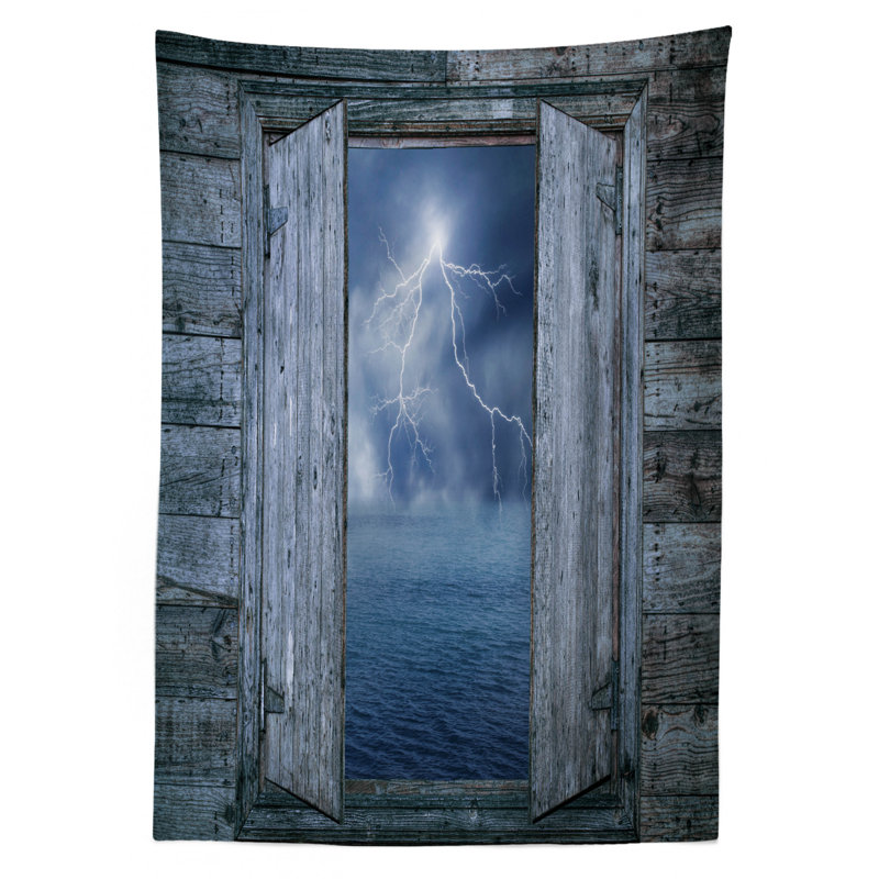 Ambesonne Nature Tablecloth, Thunder Bolt At Night From Window In A Seaside House Forces Of Nature Theme Print, Rectangular Table Cover For Dining Room Kitchen Decor, 52" X 70", Blue Grey