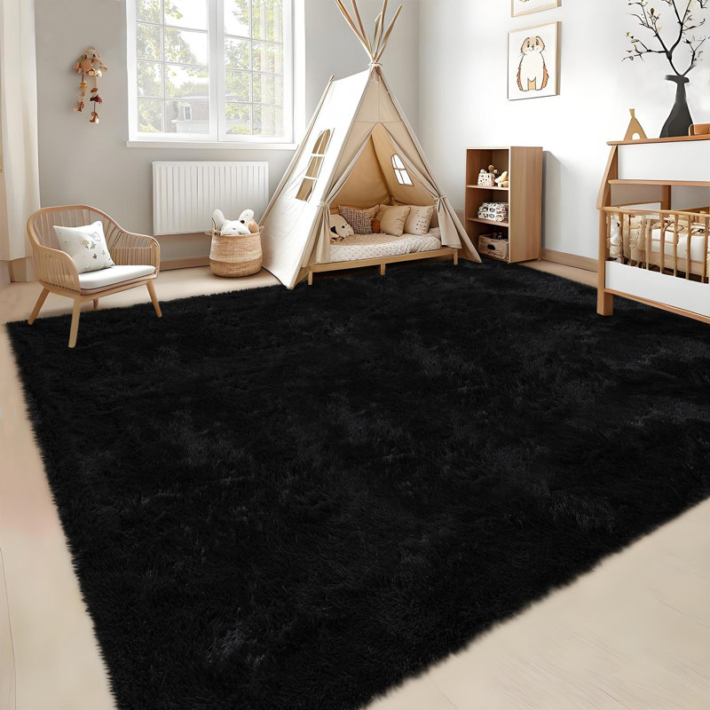 Area Rug for Living Room Shaggy Faux Fur Carpet for Bedroom Non-SNon Shedding Fuzzy Rug for Playroom Home Decor, Black