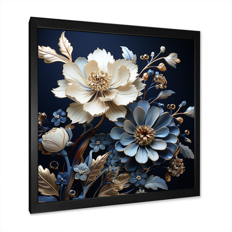 Impression moderne bleu et blanc sur bleuets - I, Cadre simple noir, H 30 po x l 30 po x P 1 po
