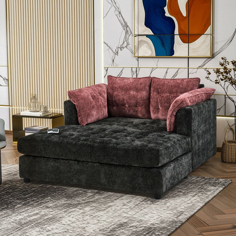 Canapé méridienne 2 places, canapé profond capitonné en chenille avec accoudoirs coussins pour salon, Black Red