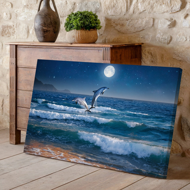 Toile, scène sereine avec deux dauphins sautant gracieusement au-dessus de l'art mural, H 9 po x l 12 po