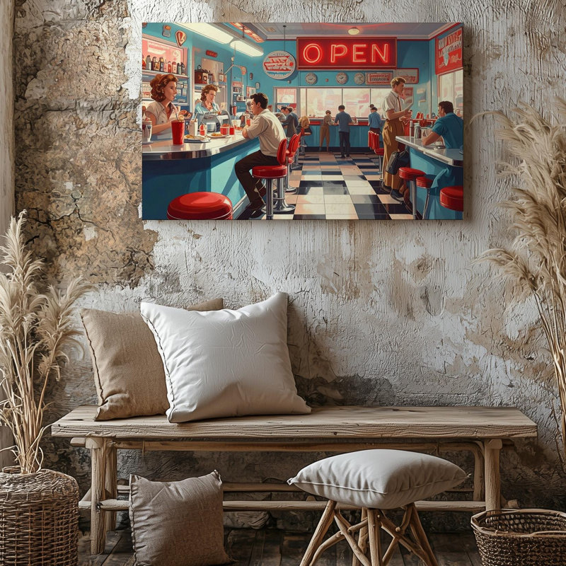 Toile rétro, scène de salle à manger, toile des années 1950, Americana avec enseigne ouverte au néon, art mural prêt à accrocher, décoration moderne