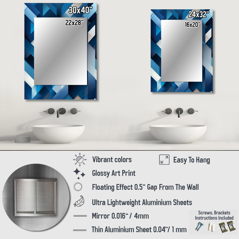 Polygones blanc et bleu minimaliste géométrique - miroir géométrique, miroir mural décoratif moderne, impression d'art en métal
