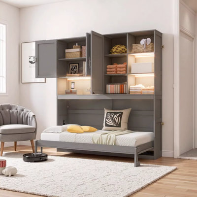 Lit escamotable mural simple avec armoire supérieure et tablettes - Conception pliable peu encombrante avec lumière DEL et ports USB, gris