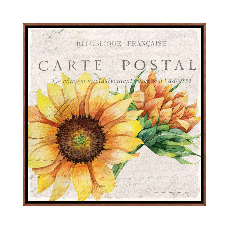 Sunflower Postcard I by Kimberly Allen - Print on Canvas, Brown Floater Frame, 45.72 cm H x 45.72 cm W
