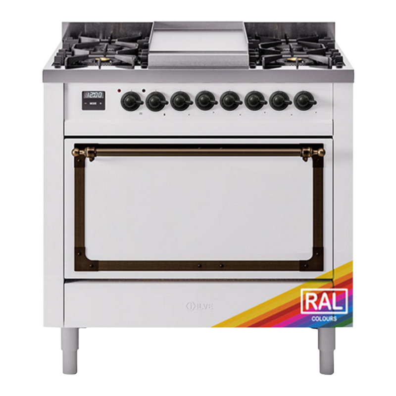 ILVE Nostalgie II Series Noblesse 36 inch Dual Fuel Range with 6 Sealed Burners (Glass Door), Burnished, Natural Gas