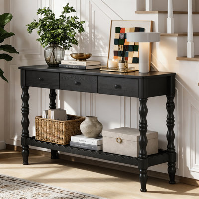 47"Farmhouse Wood Console Sofa Table with 3 Drawers,Scalloped Open Shelf, Turned Spindle Legs, Long Entryway Hallway Living Room